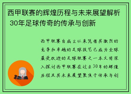 西甲联赛的辉煌历程与未来展望解析 30年足球传奇的传承与创新