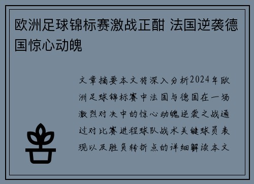 欧洲足球锦标赛激战正酣 法国逆袭德国惊心动魄
